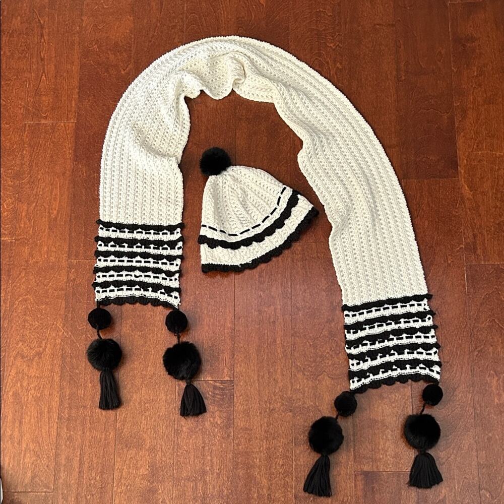 NILS Black and White Pom-Pom Knit Hat and Scarf Set, Wool and Acrylic Blend